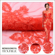 Fancy design tulle red elastic lace fabric for wedding decoration dress